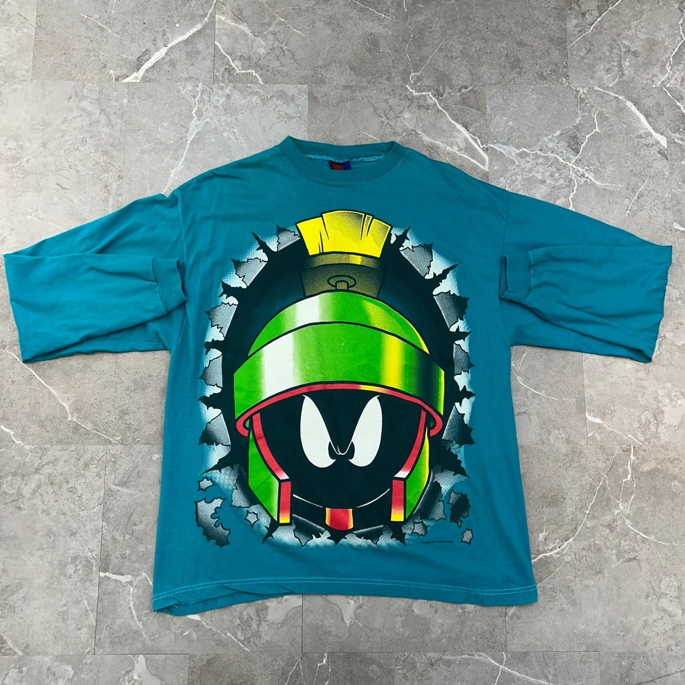 90s Vintage Marvin The Martian Graphic Tee Mens Large Looney Tunes Long Sleeve